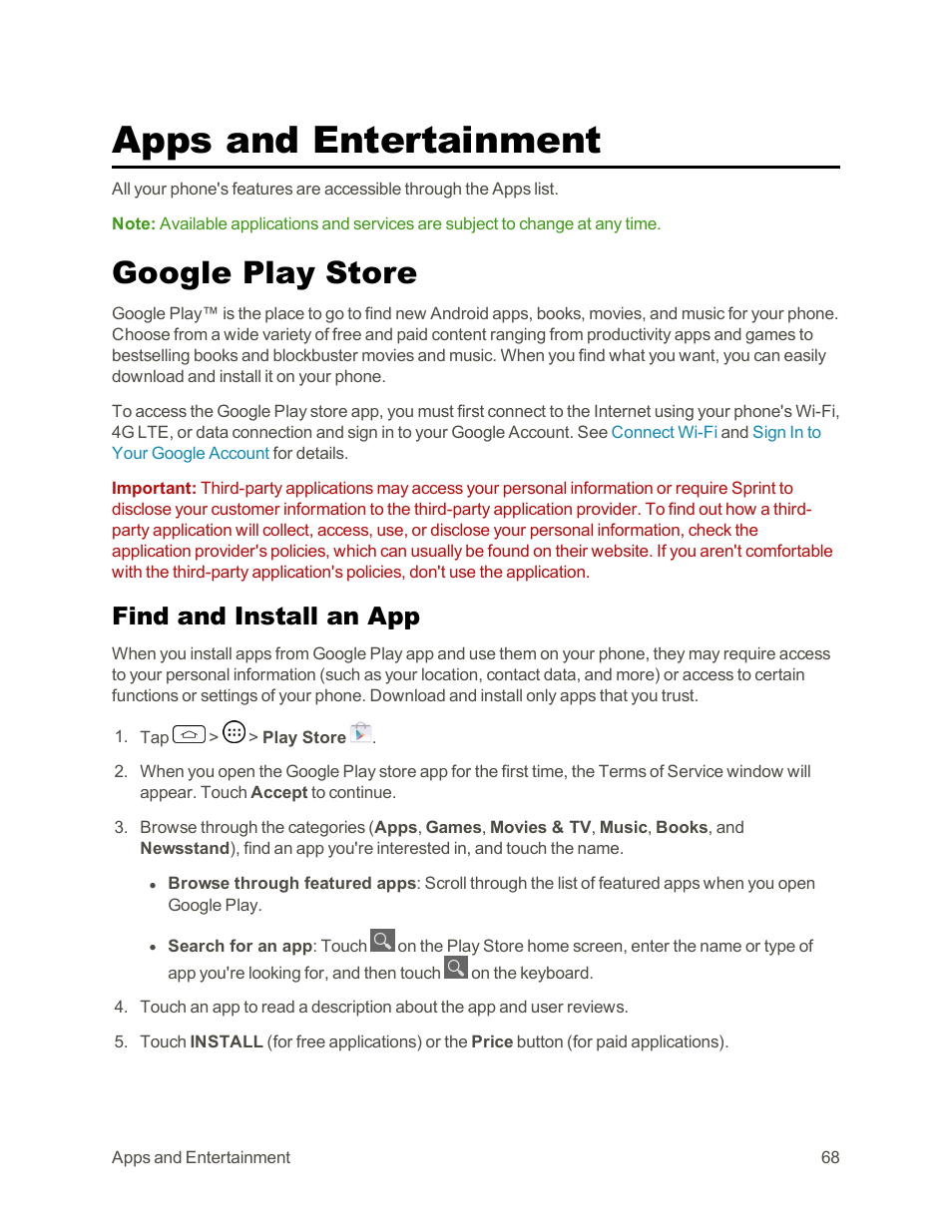 Apps and entertainment, Google play store, Find and install an app | LG Tribute User Manual | Page 76 / 148