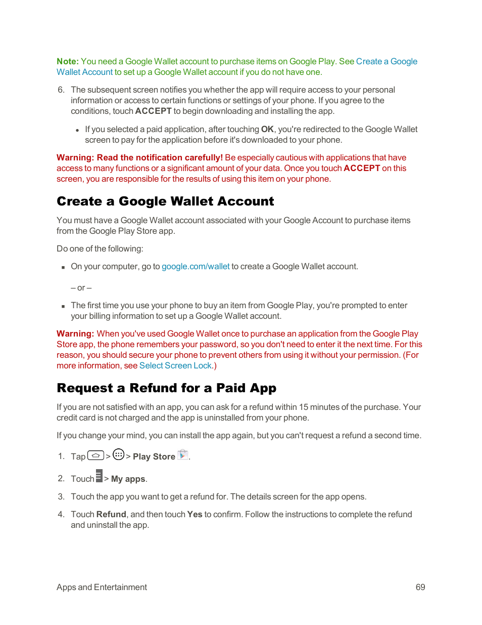 Create a google wallet account, Request a refund for a paid app | LG Tribute User Manual | Page 77 / 148