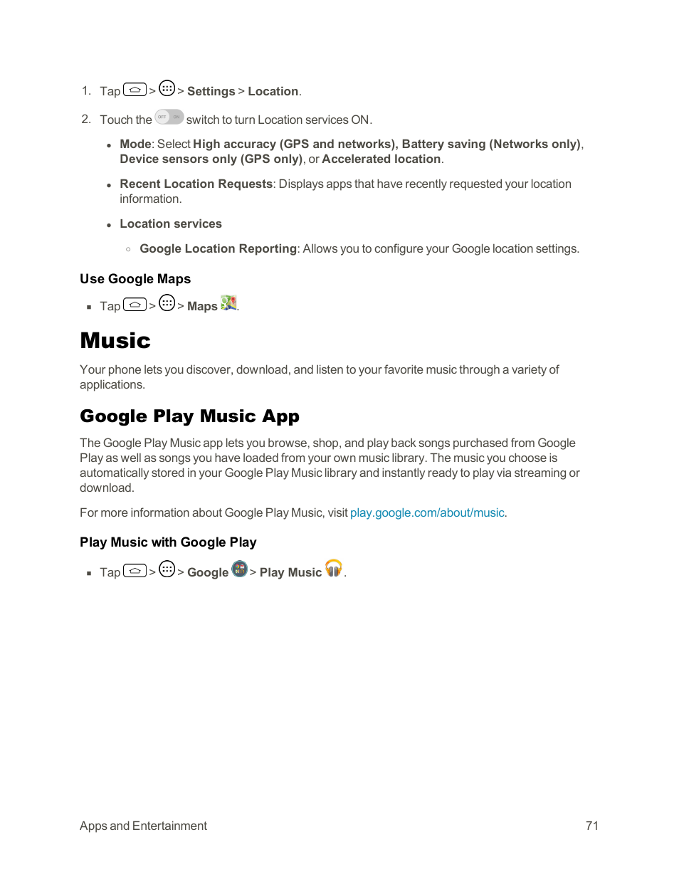 Music, Google play music app | LG Tribute User Manual | Page 79 / 148