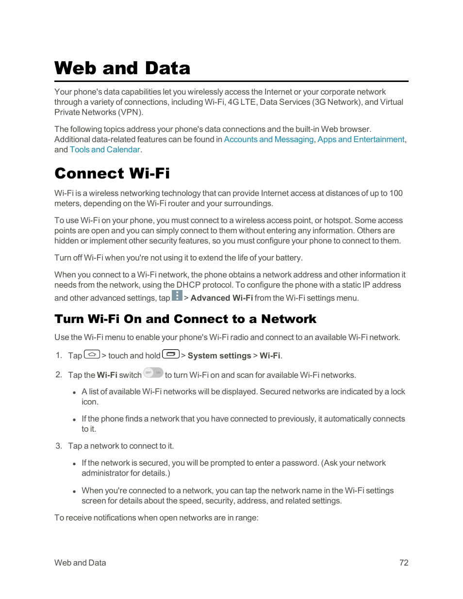 Web and data, Connect wi-fi, Turn wi-fi on and connect to a network | LG Tribute User Manual | Page 80 / 148