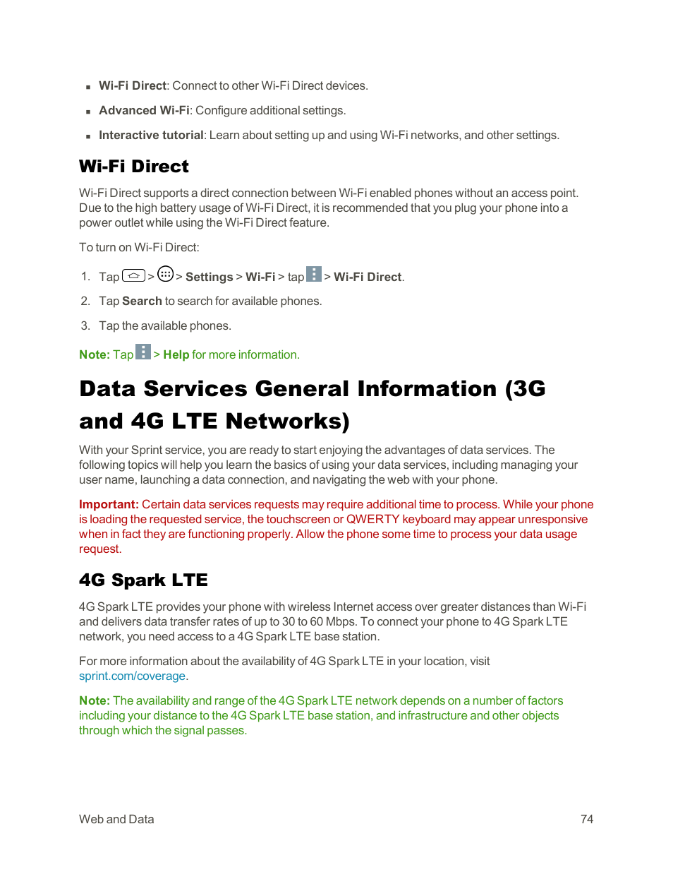 Wi-fi direct, 4g spark lte | LG Tribute User Manual | Page 82 / 148