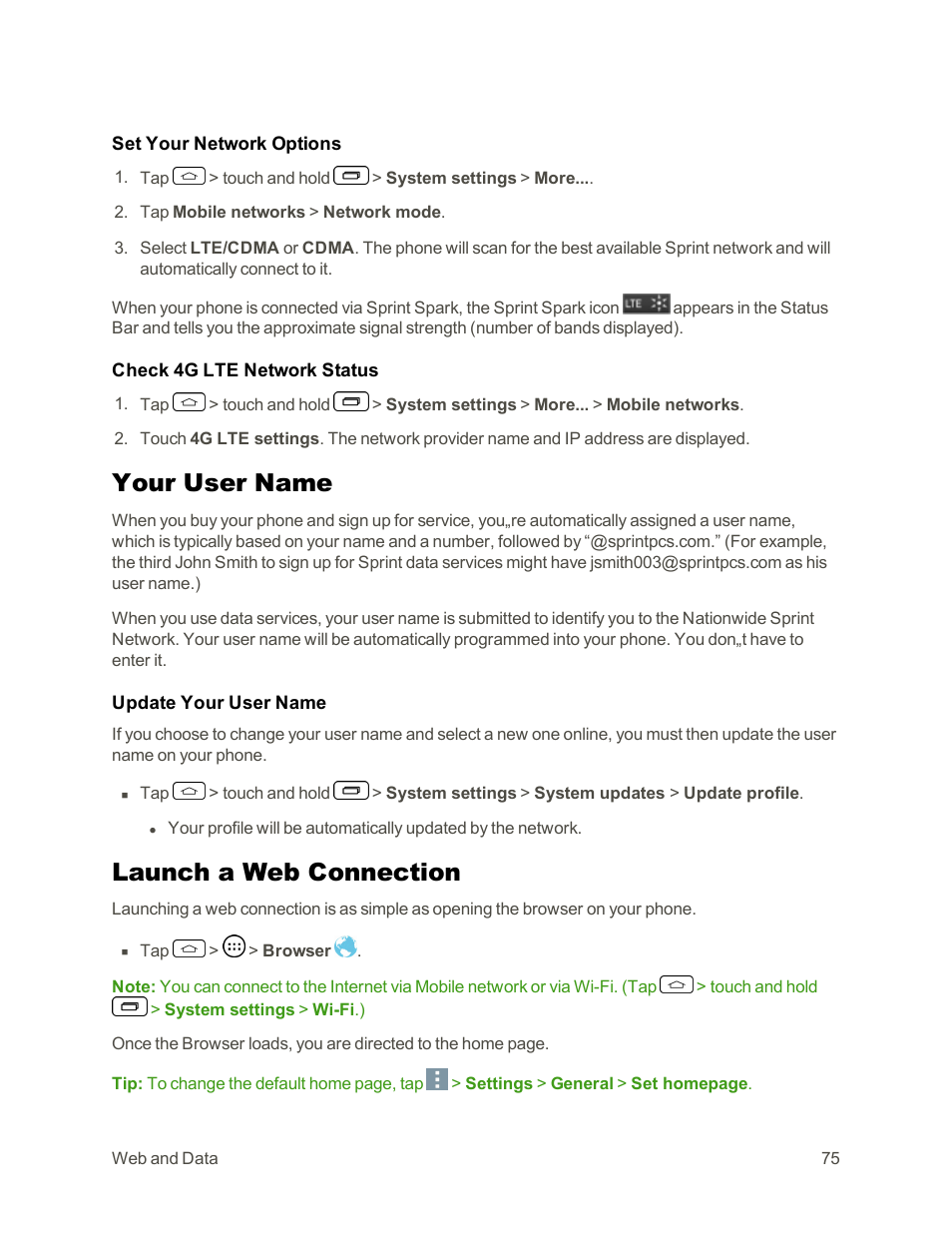 Your user name, Launch a web connection | LG Tribute User Manual | Page 83 / 148