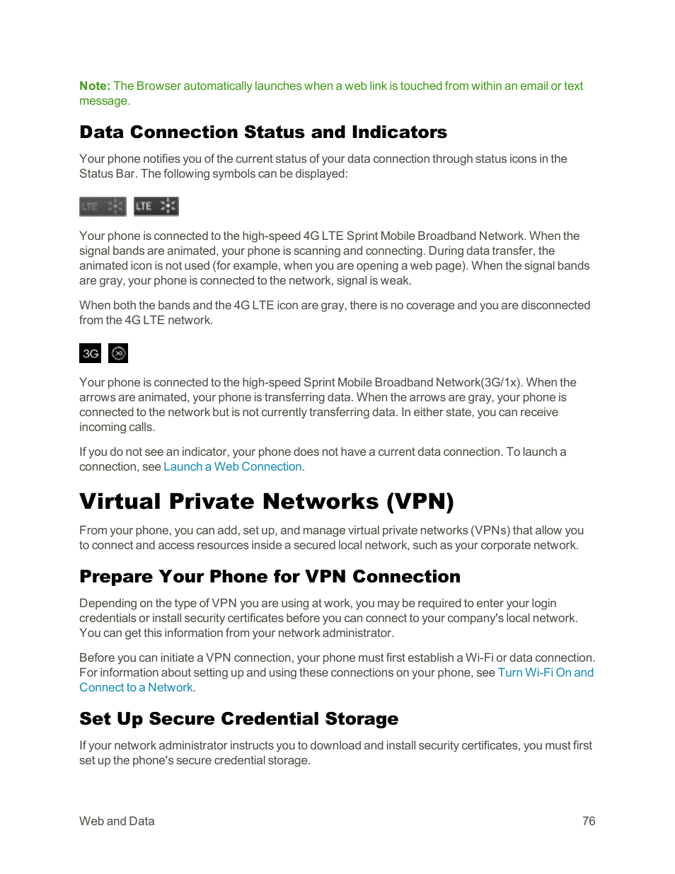 Data connection status and indicators, Virtual private networks (vpn), Prepare your phone for vpn connection | Set up secure credential storage | LG Tribute User Manual | Page 84 / 148