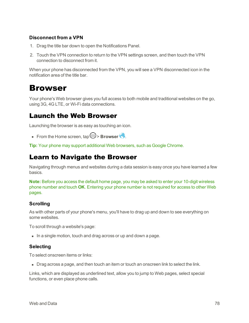 Browser, Launch the web browser, Learn to navigate the browser | LG Tribute User Manual | Page 86 / 148