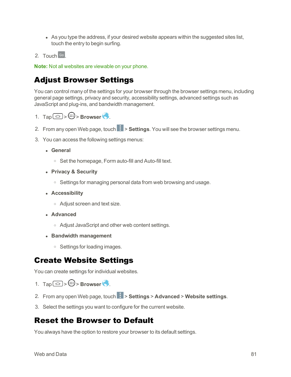 Adjust browser settings, Create website settings, Reset the browser to default | LG Tribute User Manual | Page 89 / 148