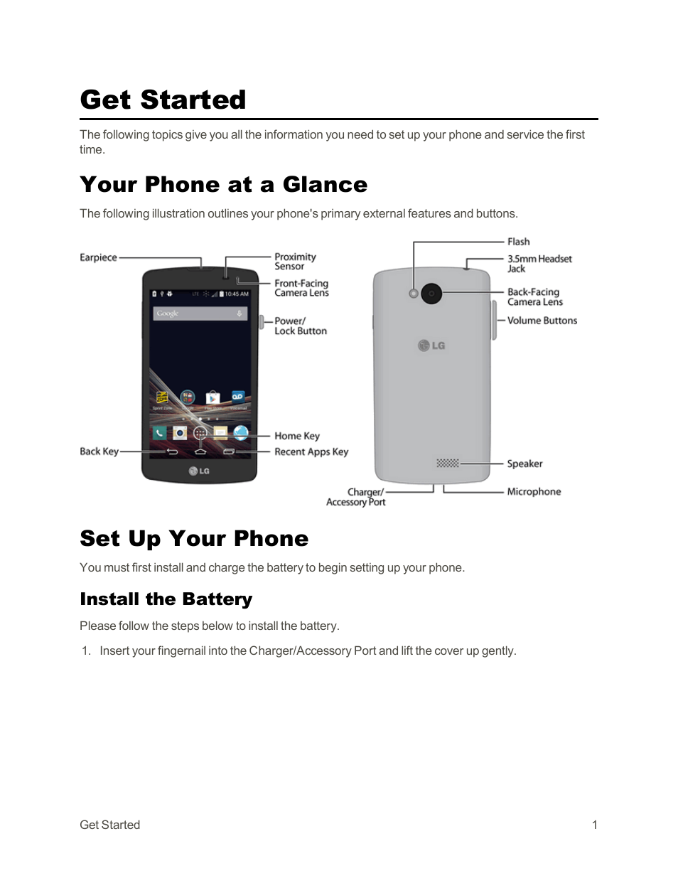 Get started, Your phone at a glance, Set up your phone | Install the battery | LG Tribute User Manual | Page 9 / 148