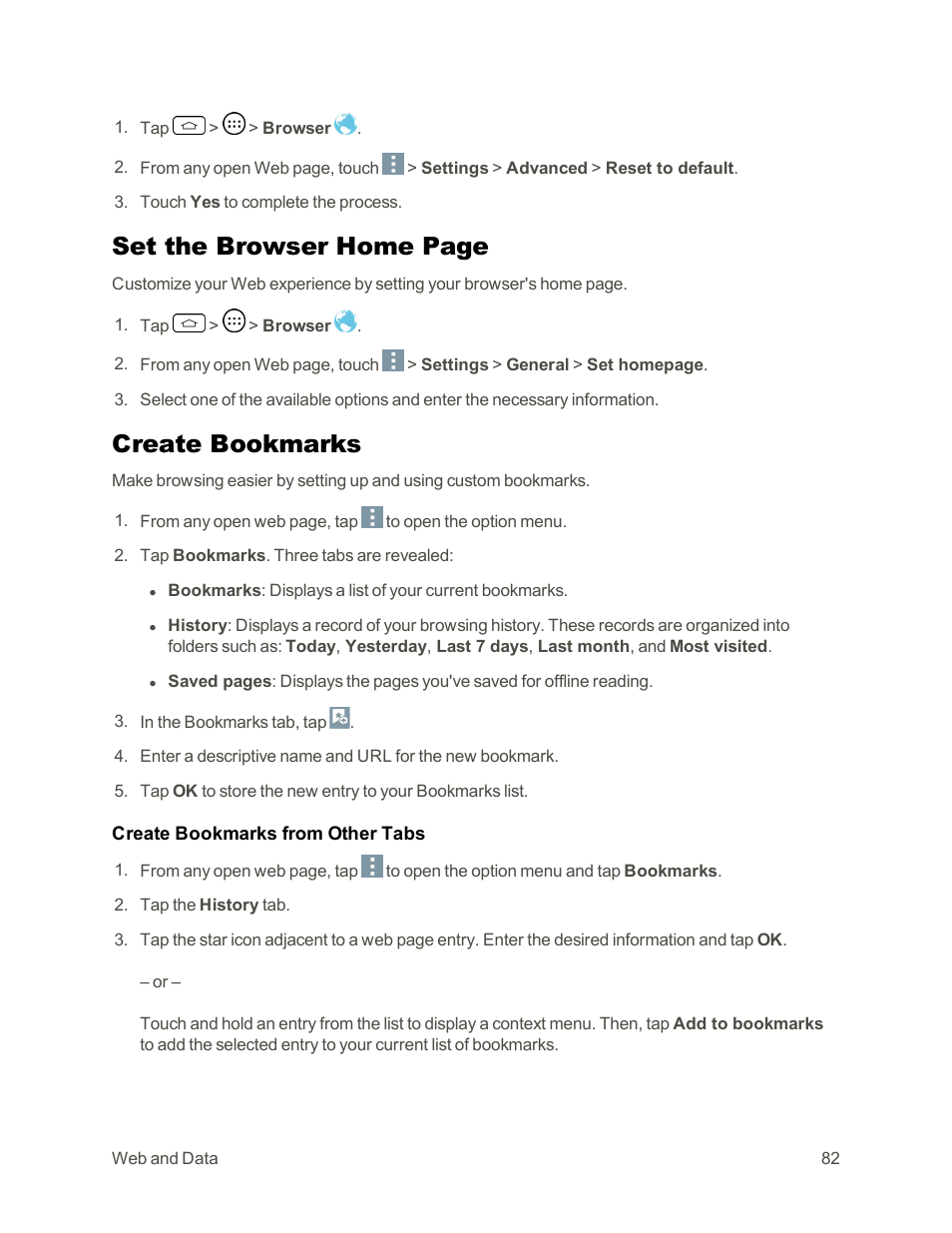 Create bookmarks, Set the browser home page | LG Tribute User Manual | Page 90 / 148