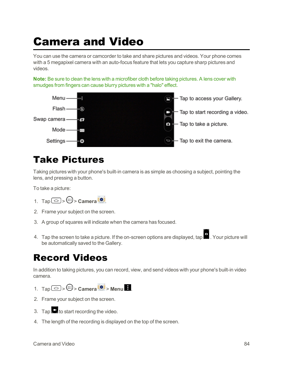 Camera and video, Take pictures, Record videos | LG Tribute User Manual | Page 92 / 148