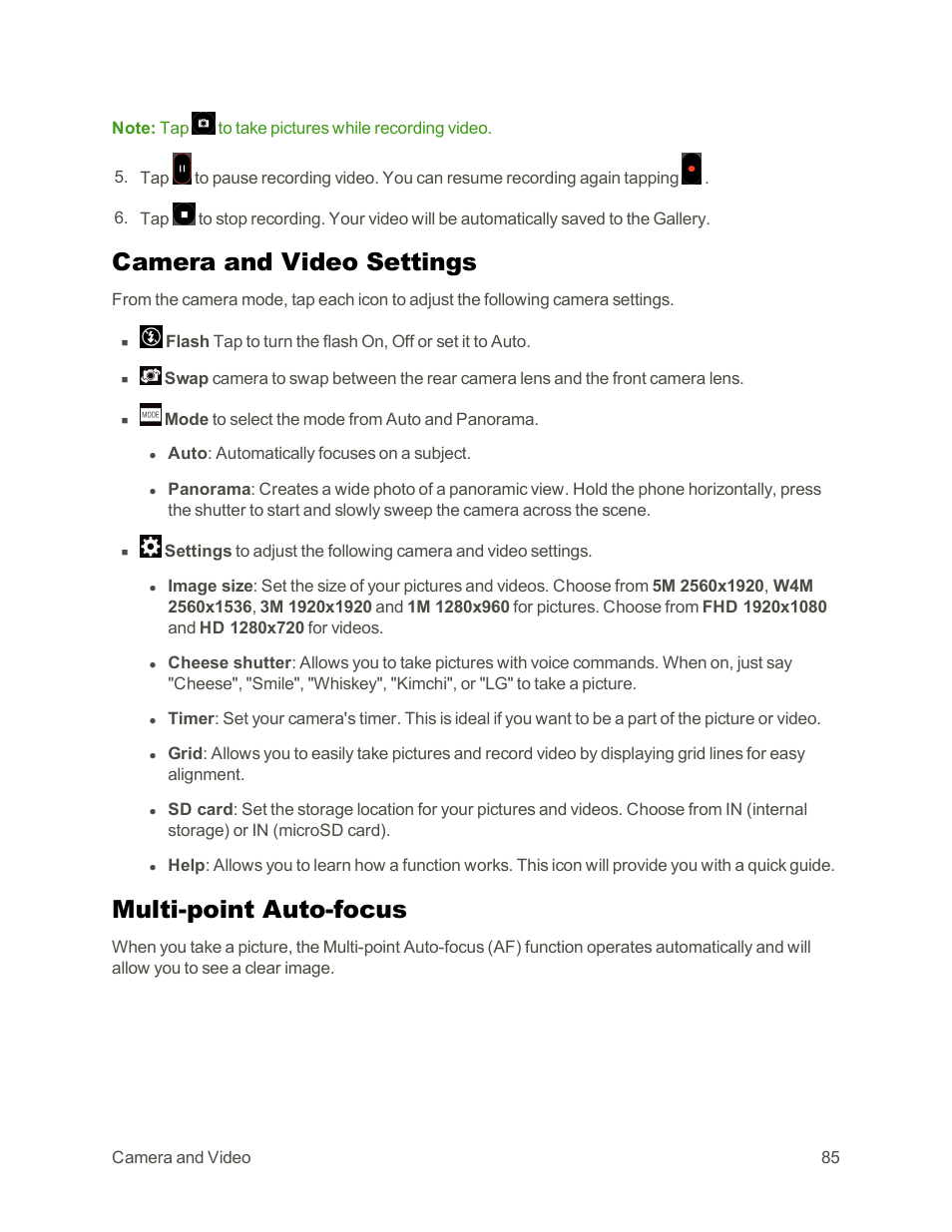 Camera and video settings, Multi-point auto-focus | LG Tribute User Manual | Page 93 / 148