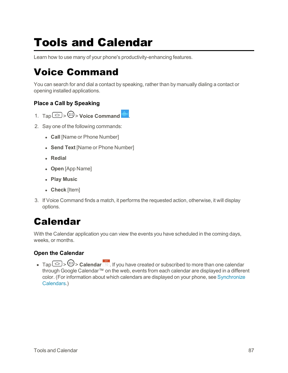 Tools and calendar, Voice command, Calendar | LG Tribute User Manual | Page 95 / 148