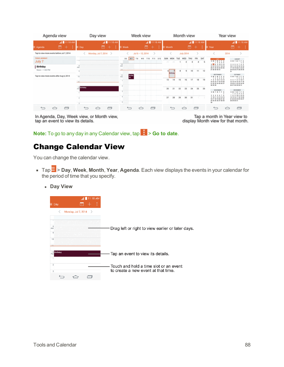 Change calendar view | LG Tribute User Manual | Page 96 / 148