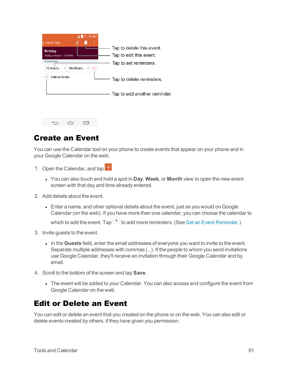 Create an event, Edit or delete an event | LG Tribute User Manual | Page 99 / 148