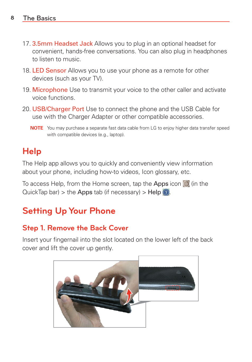 Help, Setting up your phone, Help setting up your phone | Step 1. remove the back cover | LG G Vista User Manual | Page 10 / 243