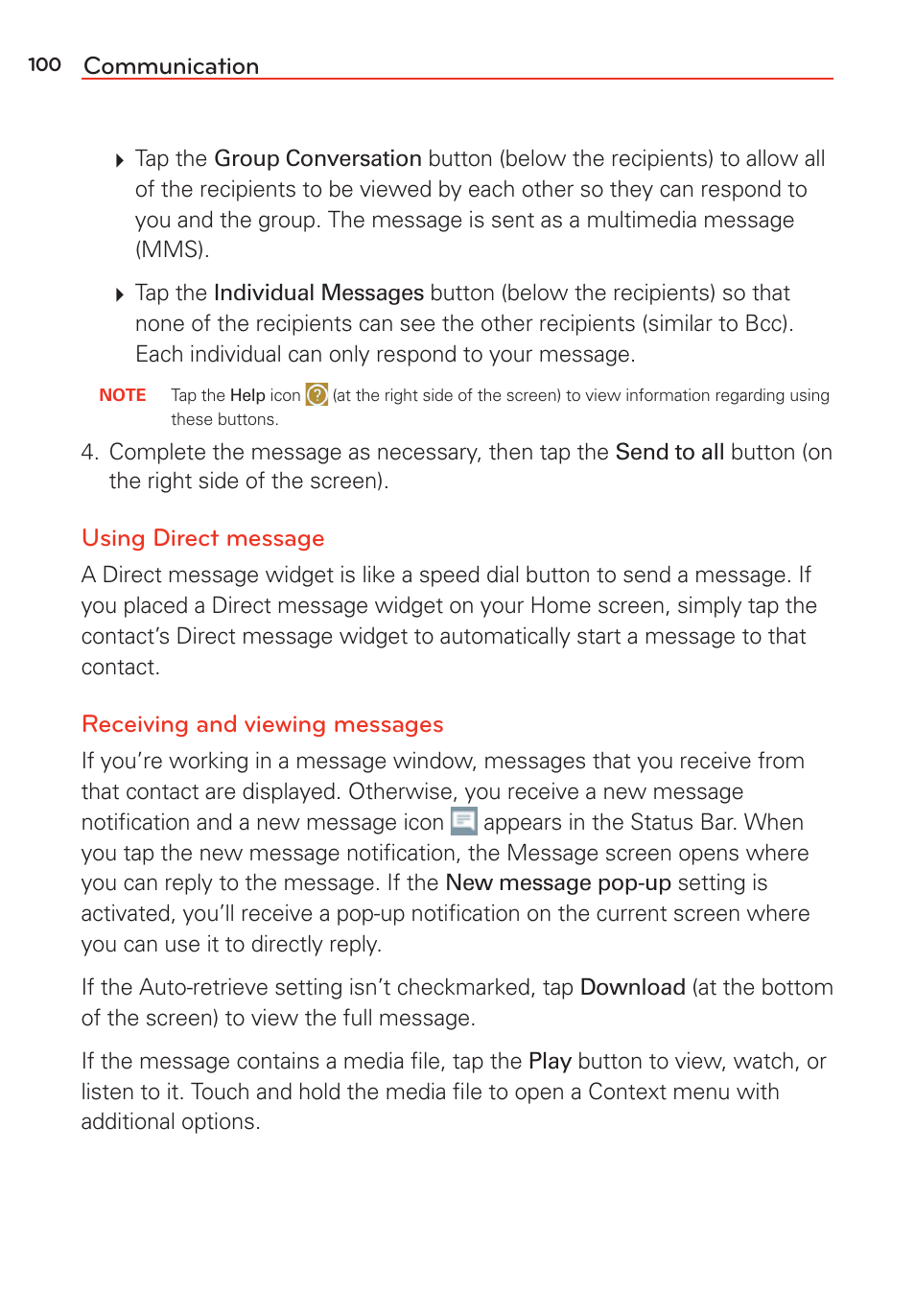 Communication, Using direct message, Receiving and viewing messages | LG G Vista User Manual | Page 102 / 243