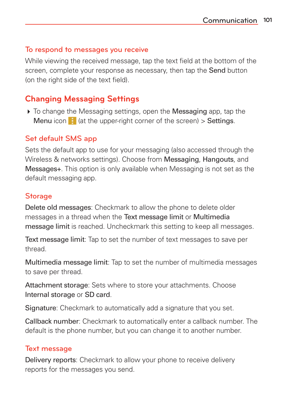 Changing messaging settings | LG G Vista User Manual | Page 103 / 243