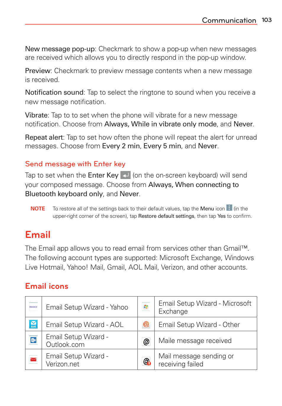 Email, Email icons | LG G Vista User Manual | Page 105 / 243