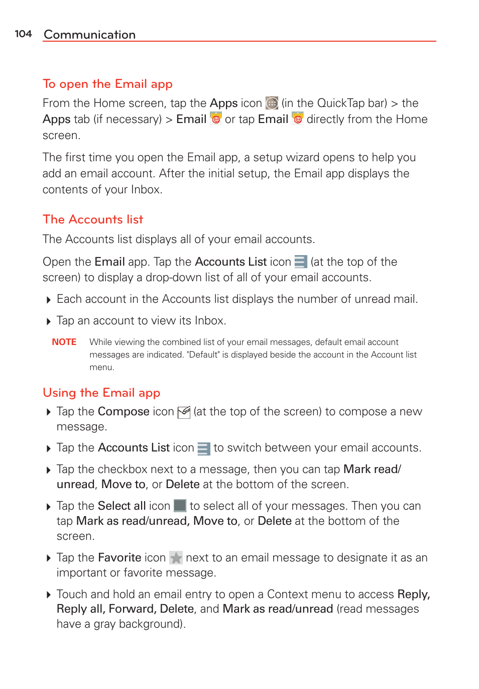 Communication to open the email app, The accounts list, Using the email app | LG G Vista User Manual | Page 106 / 243