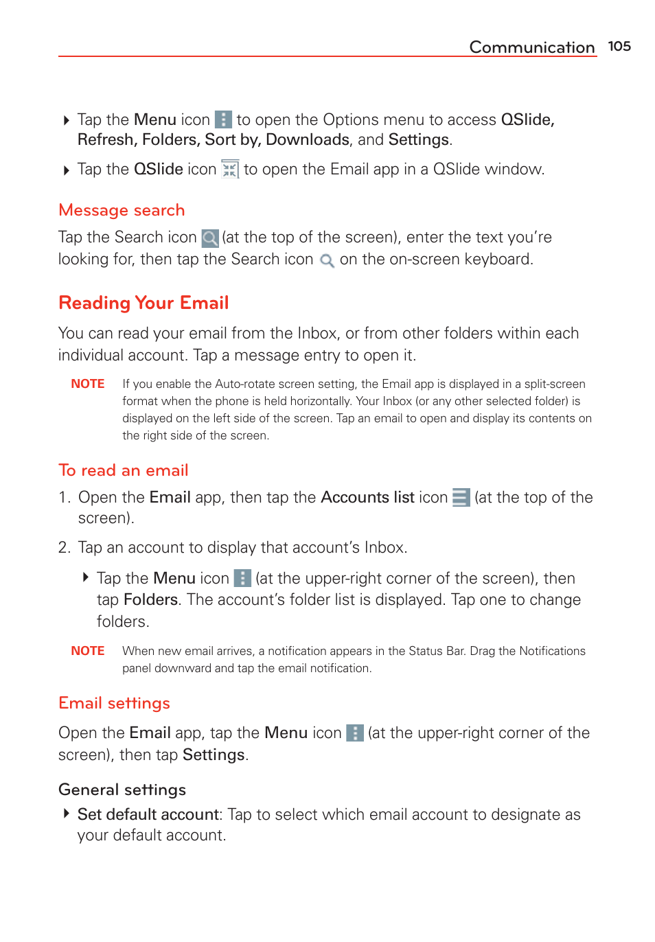 Reading your email, Communication, Message search | Email settings | LG G Vista User Manual | Page 107 / 243