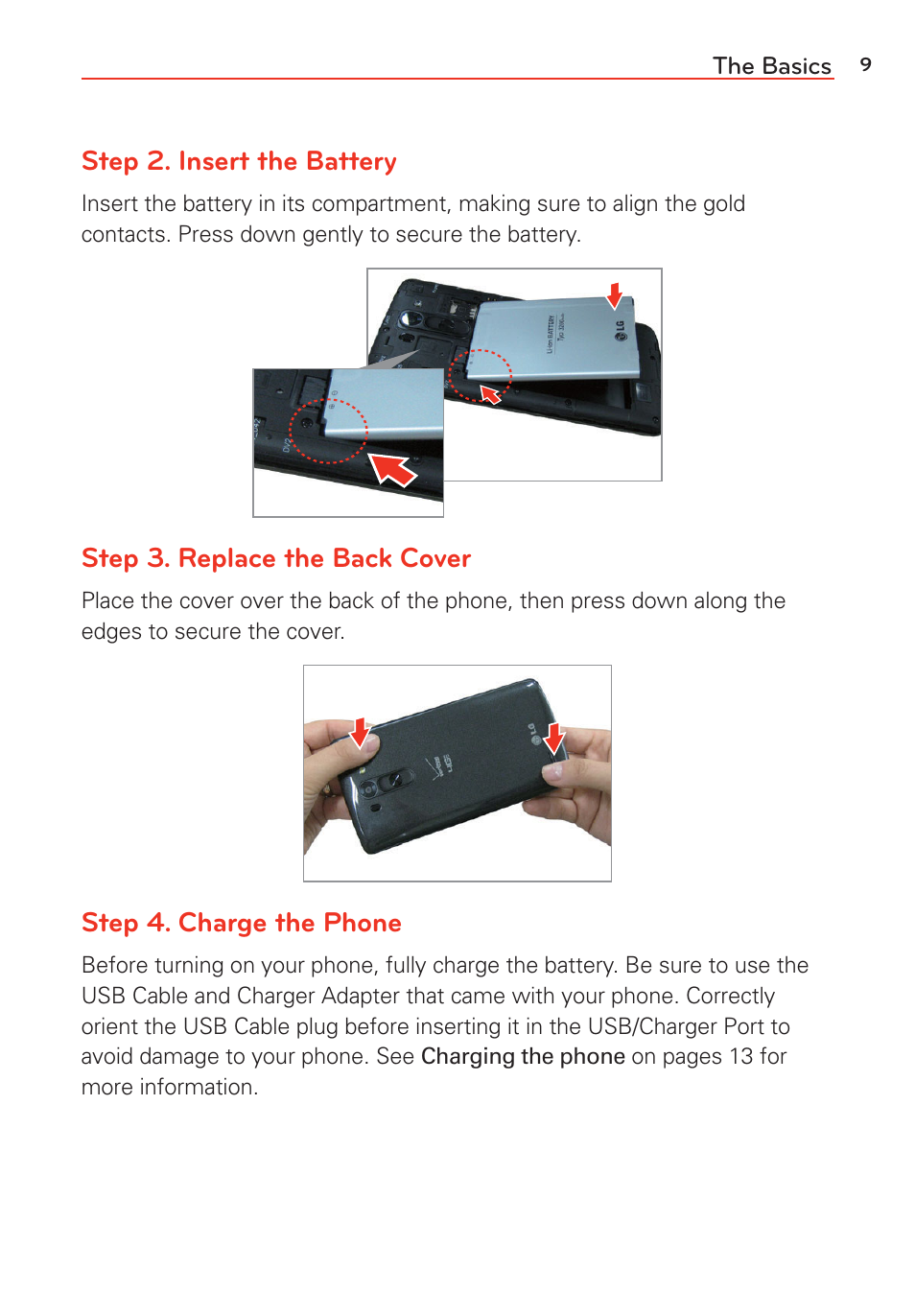 Step 2. insert the battery, Step 3. replace the back cover, Step 4. charge the phone | LG G Vista User Manual | Page 11 / 243