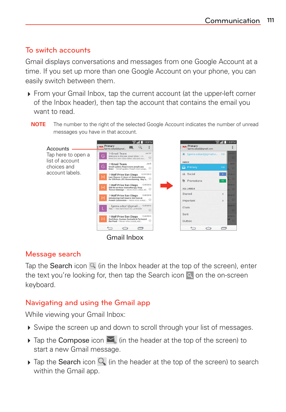 Communication to switch accounts, Message search, Navigating and using the gmail app | LG G Vista User Manual | Page 113 / 243