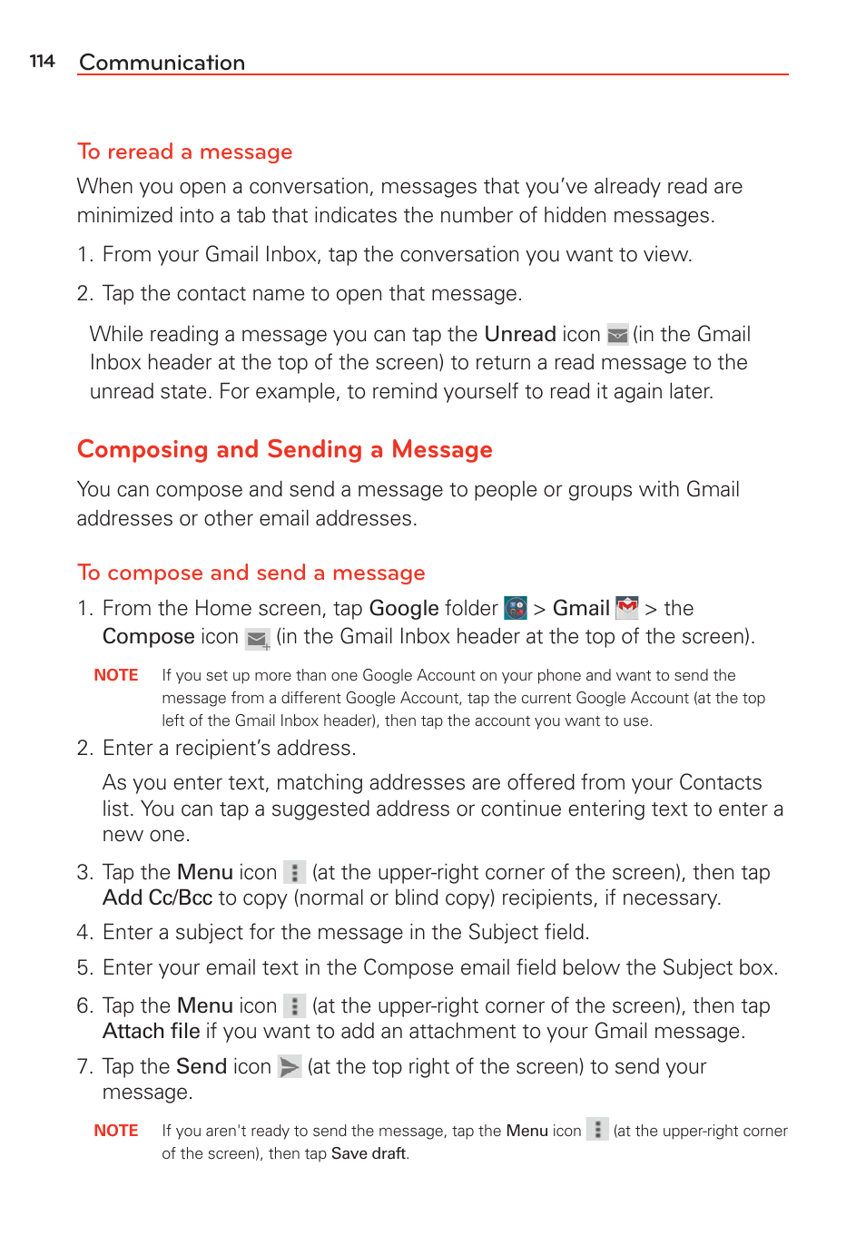 Composing and sending a message, Communication to reread a message | LG G Vista User Manual | Page 116 / 243