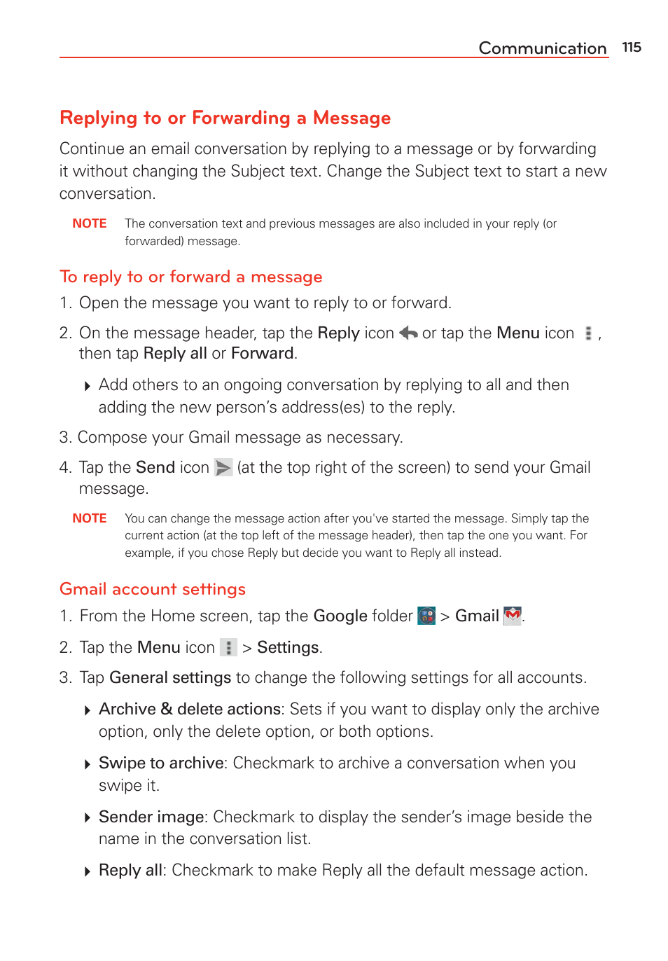 Replying to or forwarding a message, Communication, Gmail account settings | LG G Vista User Manual | Page 117 / 243