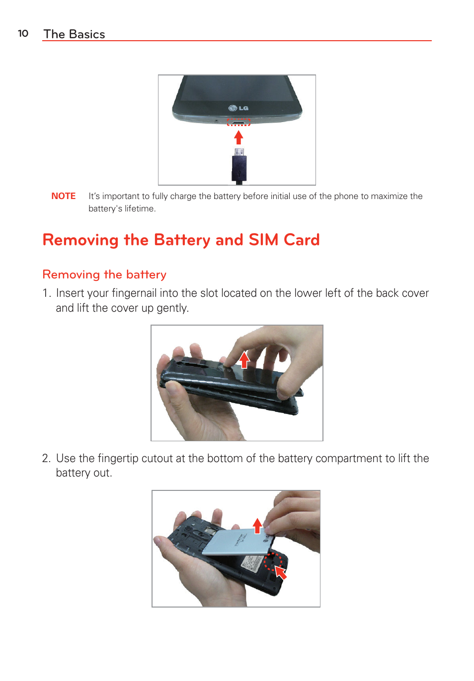 Removing the battery and sim card, The basics, Removing the battery | LG G Vista User Manual | Page 12 / 243