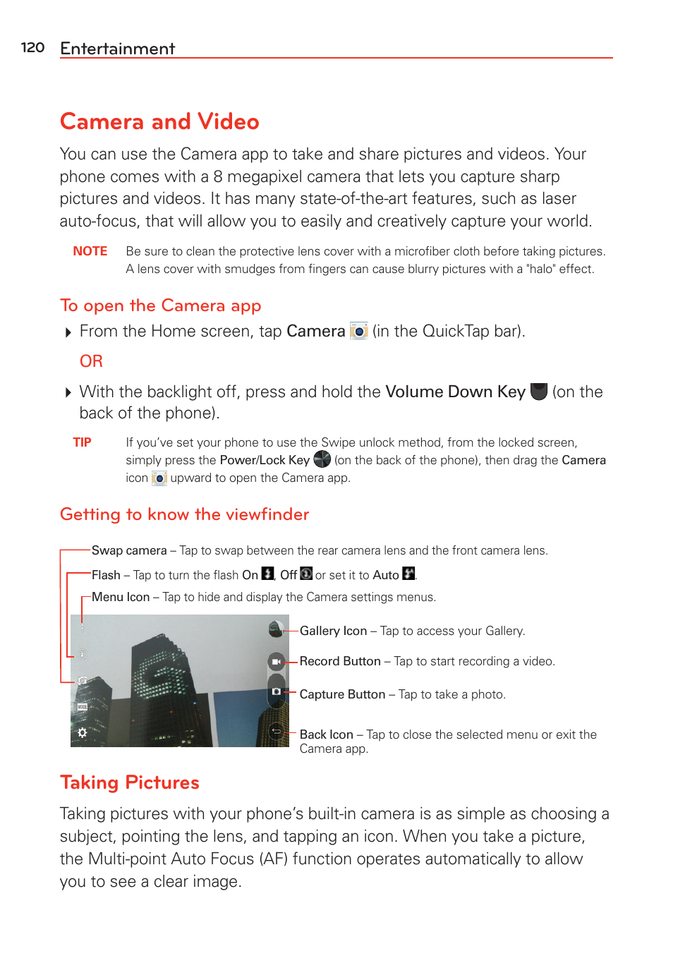 Entertainment, Camera and video, Taking pictures | Getting to know the viewﬁnder | LG G Vista User Manual | Page 122 / 243