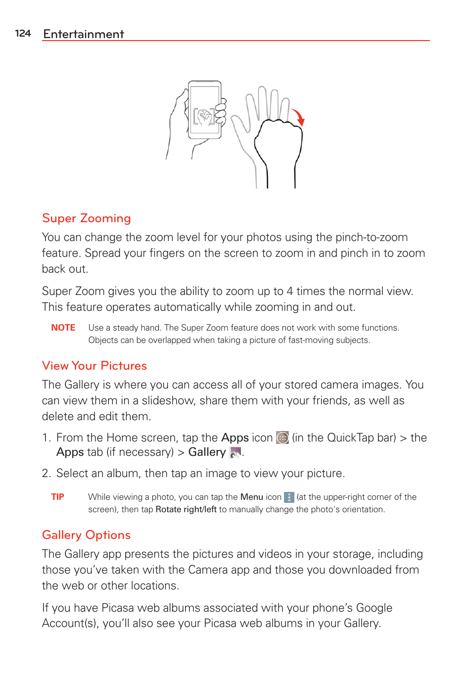 Entertainment super zooming, View your pictures, Gallery options | LG G Vista User Manual | Page 126 / 243