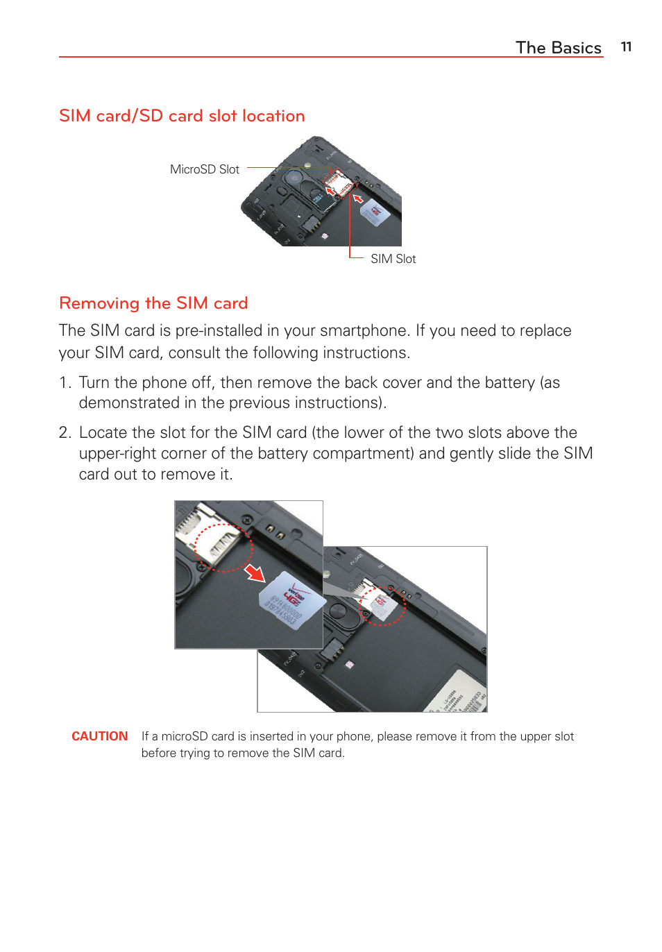 The basics sim card/sd card slot location, Removing the sim card | LG G Vista User Manual | Page 13 / 243