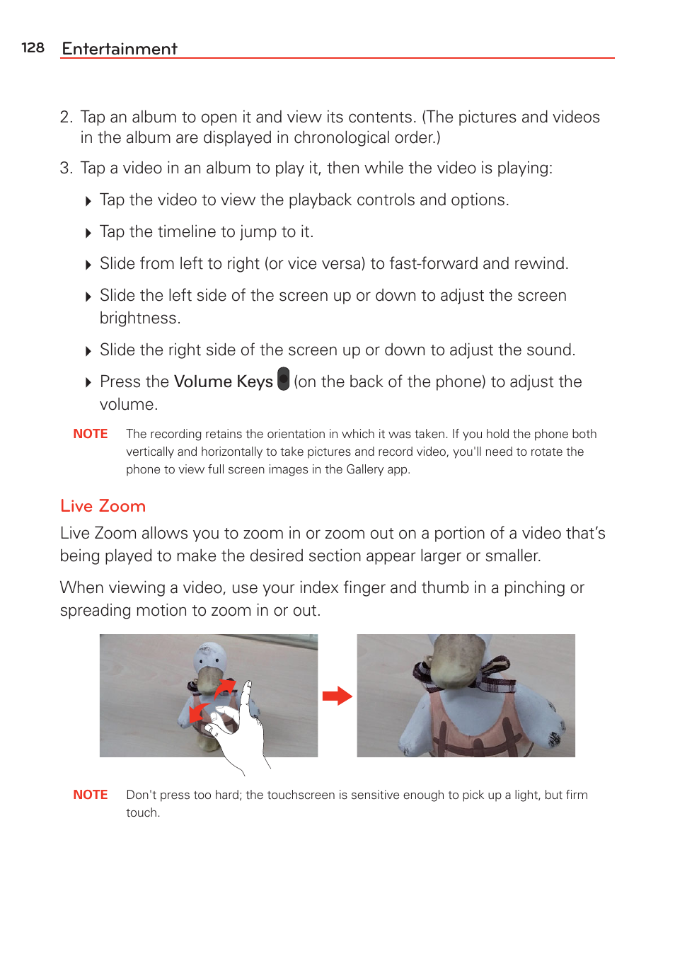 Entertainment, Live zoom | LG G Vista User Manual | Page 130 / 243