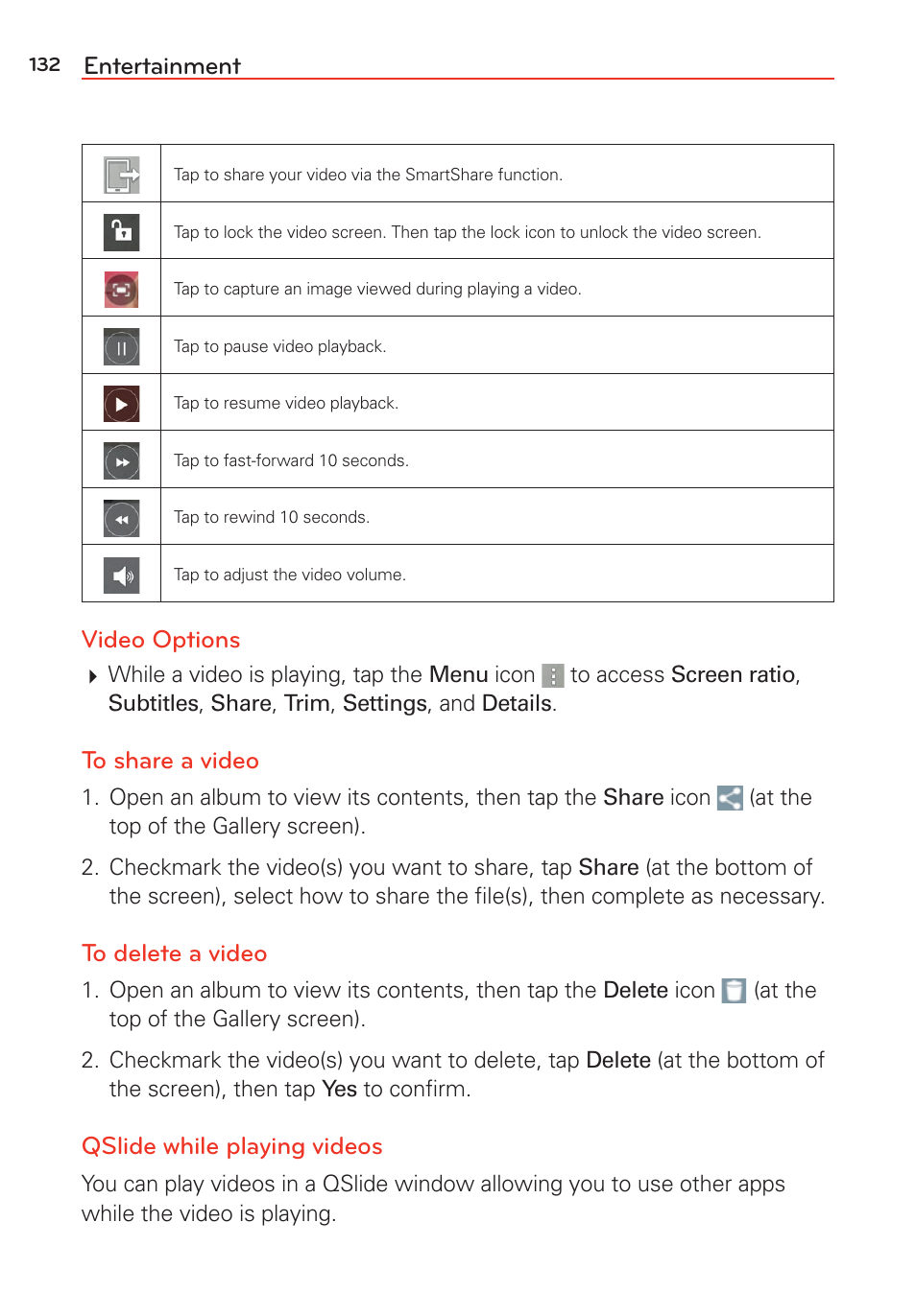 Entertainment, Video options, Qslide while playing videos | LG G Vista User Manual | Page 134 / 243