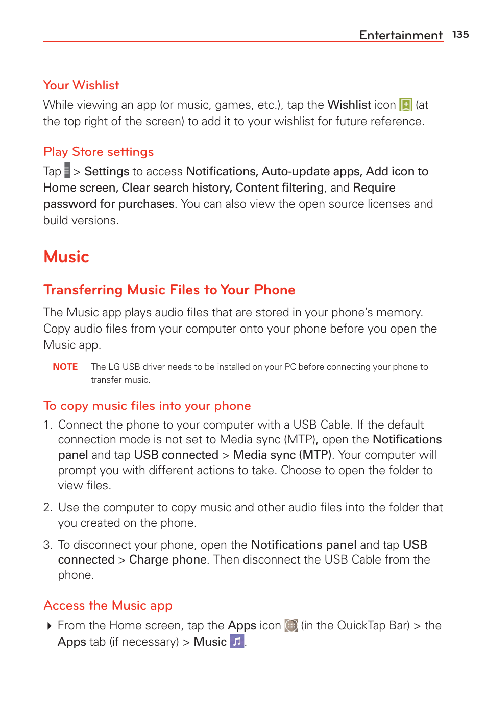 Music, Transferring music files to your phone | LG G Vista User Manual | Page 137 / 243