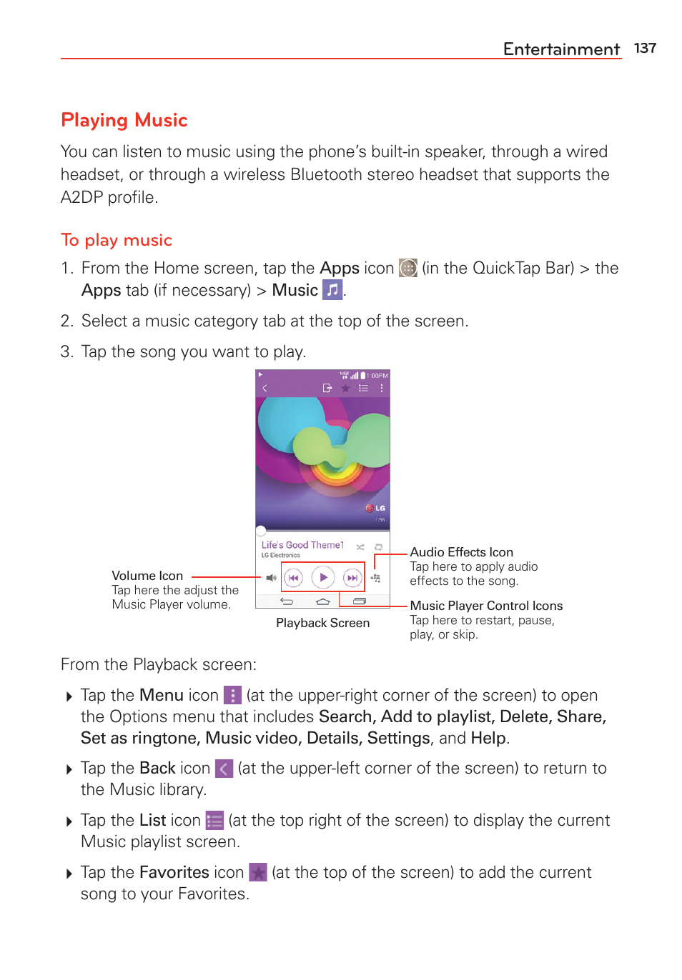 Playing music, Entertainment | LG G Vista User Manual | Page 139 / 243