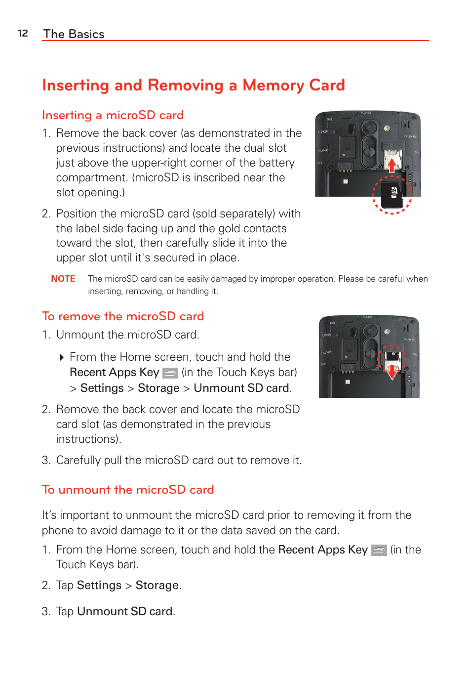 Inserting and removing a memory card | LG G Vista User Manual | Page 14 / 243