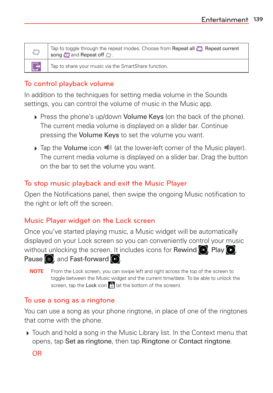 Entertainment, Music player widget on the lock screen | LG G Vista User Manual | Page 141 / 243