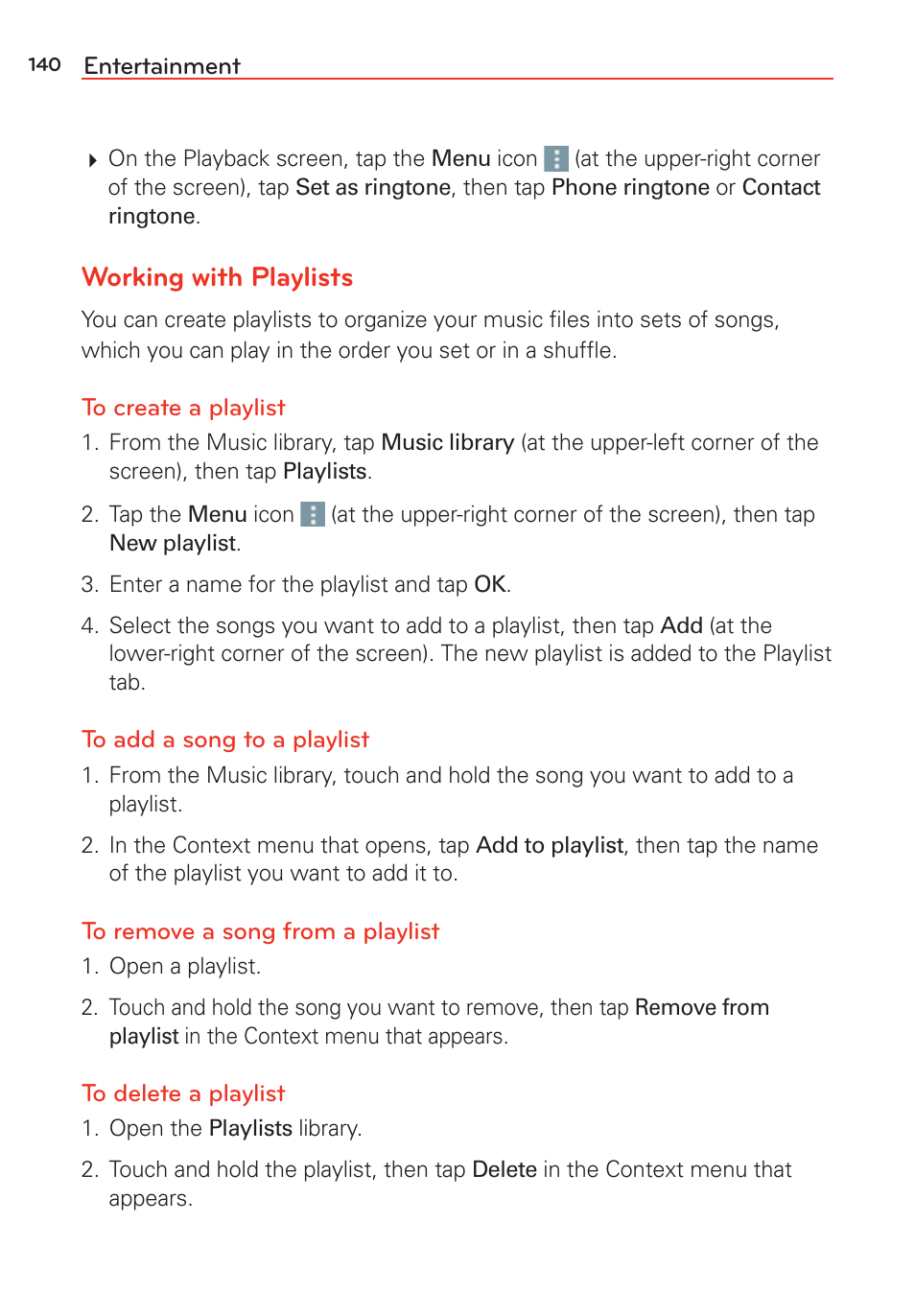 Working with playlists | LG G Vista User Manual | Page 142 / 243