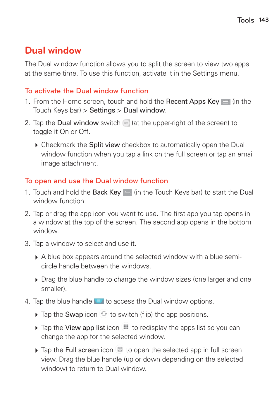 Tools, Dual window | LG G Vista User Manual | Page 145 / 243