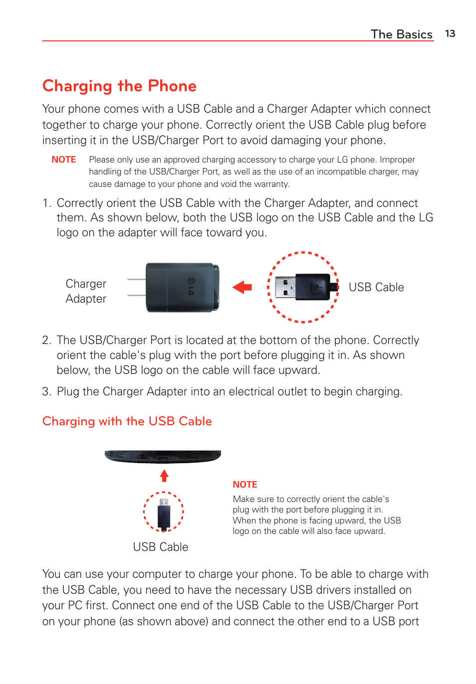 Charging the phone, The basics, Charging with the usb cable | LG G Vista User Manual | Page 15 / 243