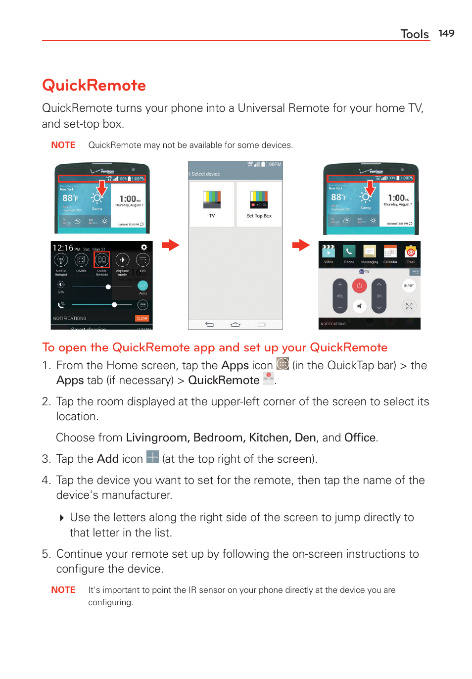 Quickremote, Tools | LG G Vista User Manual | Page 151 / 243