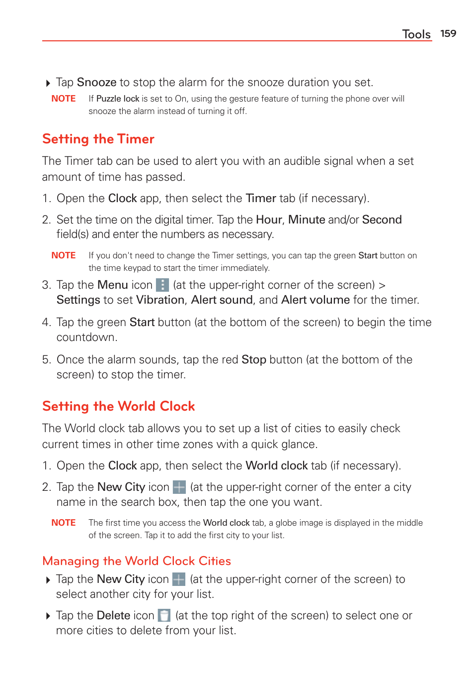 Setting the timer, Setting the world clock, Tools | Managing the world clock cities | LG G Vista User Manual | Page 161 / 243