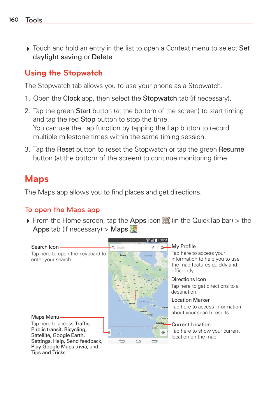 Maps, Using the stopwatch | LG G Vista User Manual | Page 162 / 243