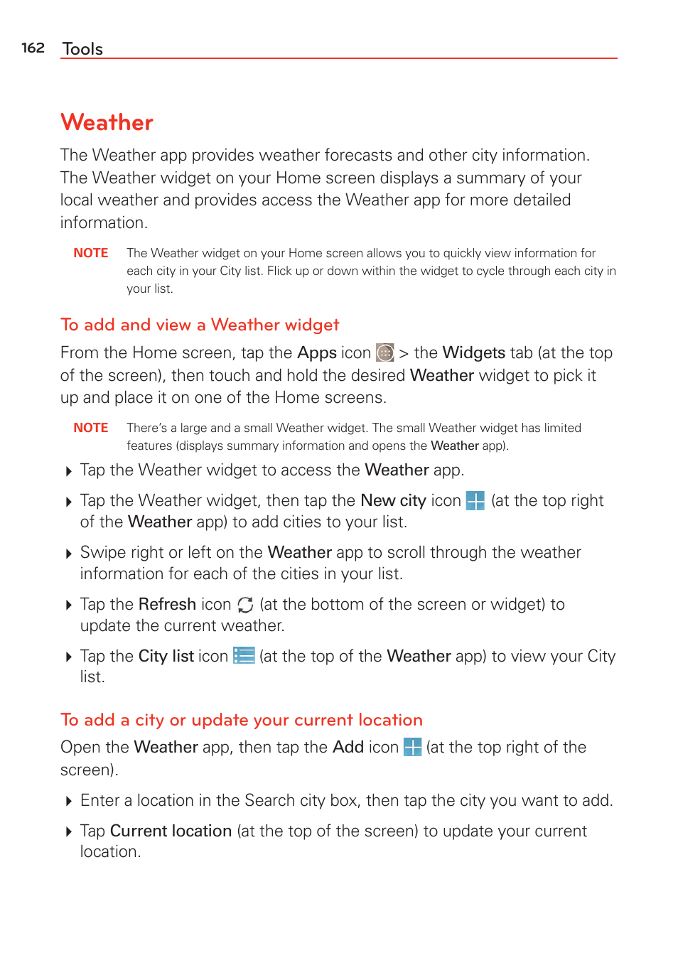 Weather, Tools | LG G Vista User Manual | Page 164 / 243