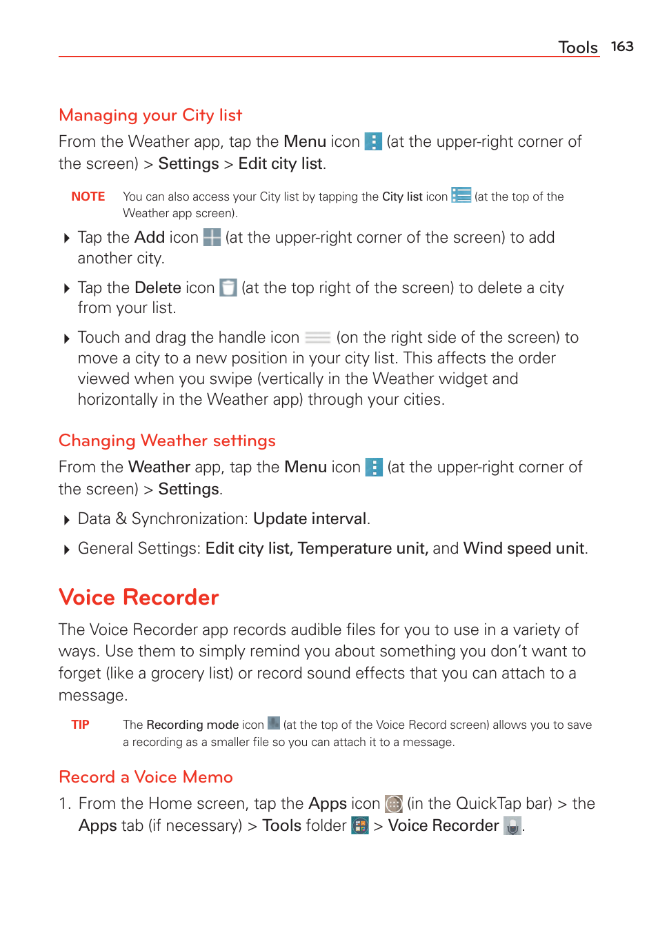 Voice recorder, Tools managing your city list, Changing weather settings | LG G Vista User Manual | Page 165 / 243