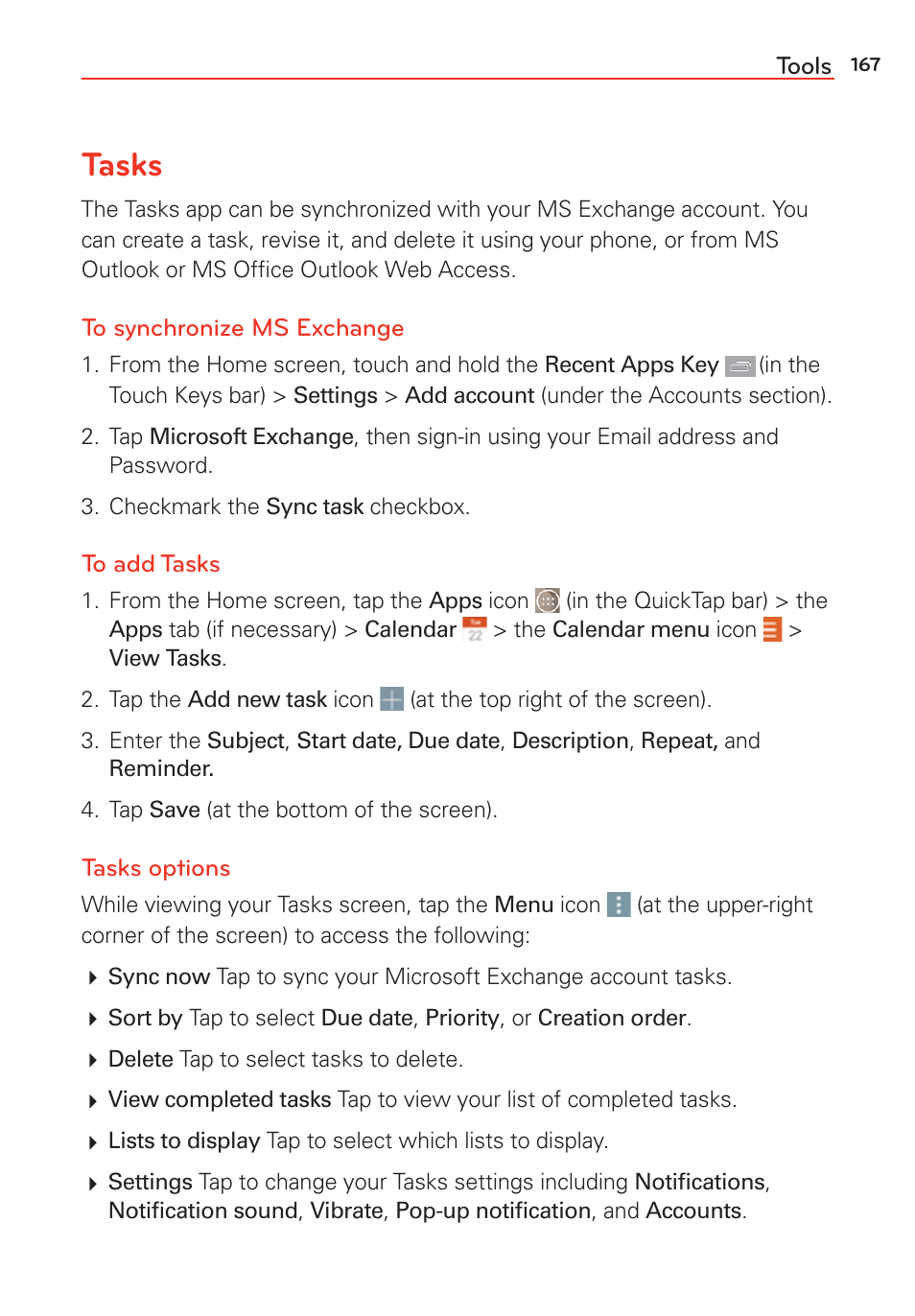 Tasks | LG G Vista User Manual | Page 169 / 243