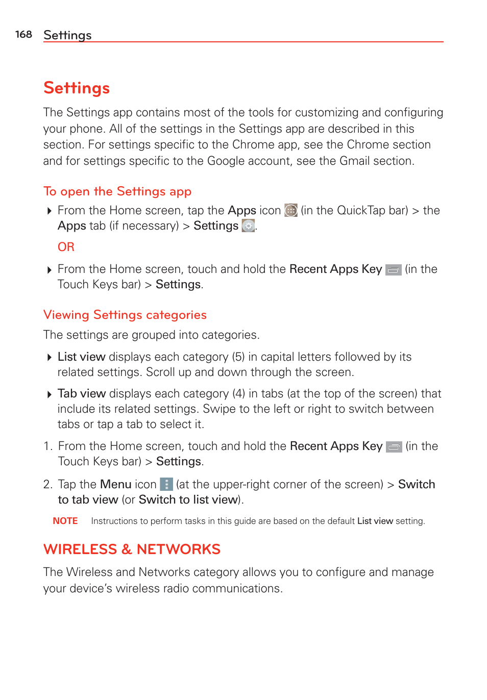 Settings, Wireless & networks | LG G Vista User Manual | Page 170 / 243