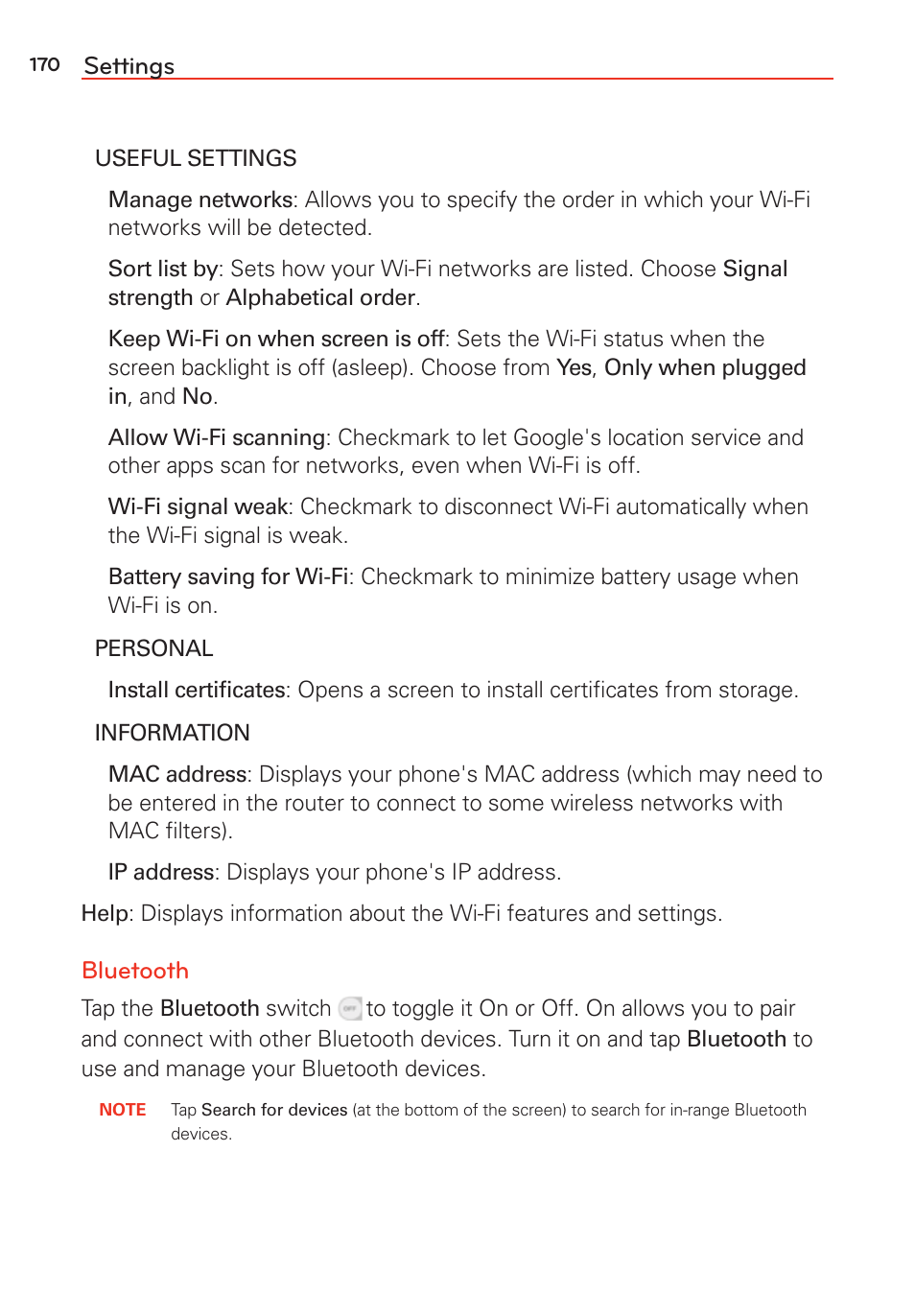 Settings, Bluetooth | LG G Vista User Manual | Page 172 / 243