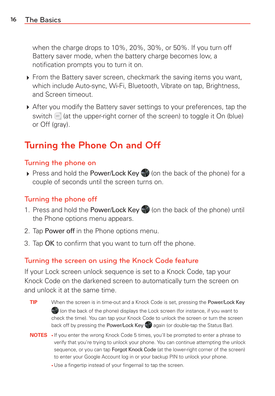 Turning the phone on and off, The basics, Turning the phone on | Turning the phone off, Turning the screen on using the knock code feature | LG G Vista User Manual | Page 18 / 243