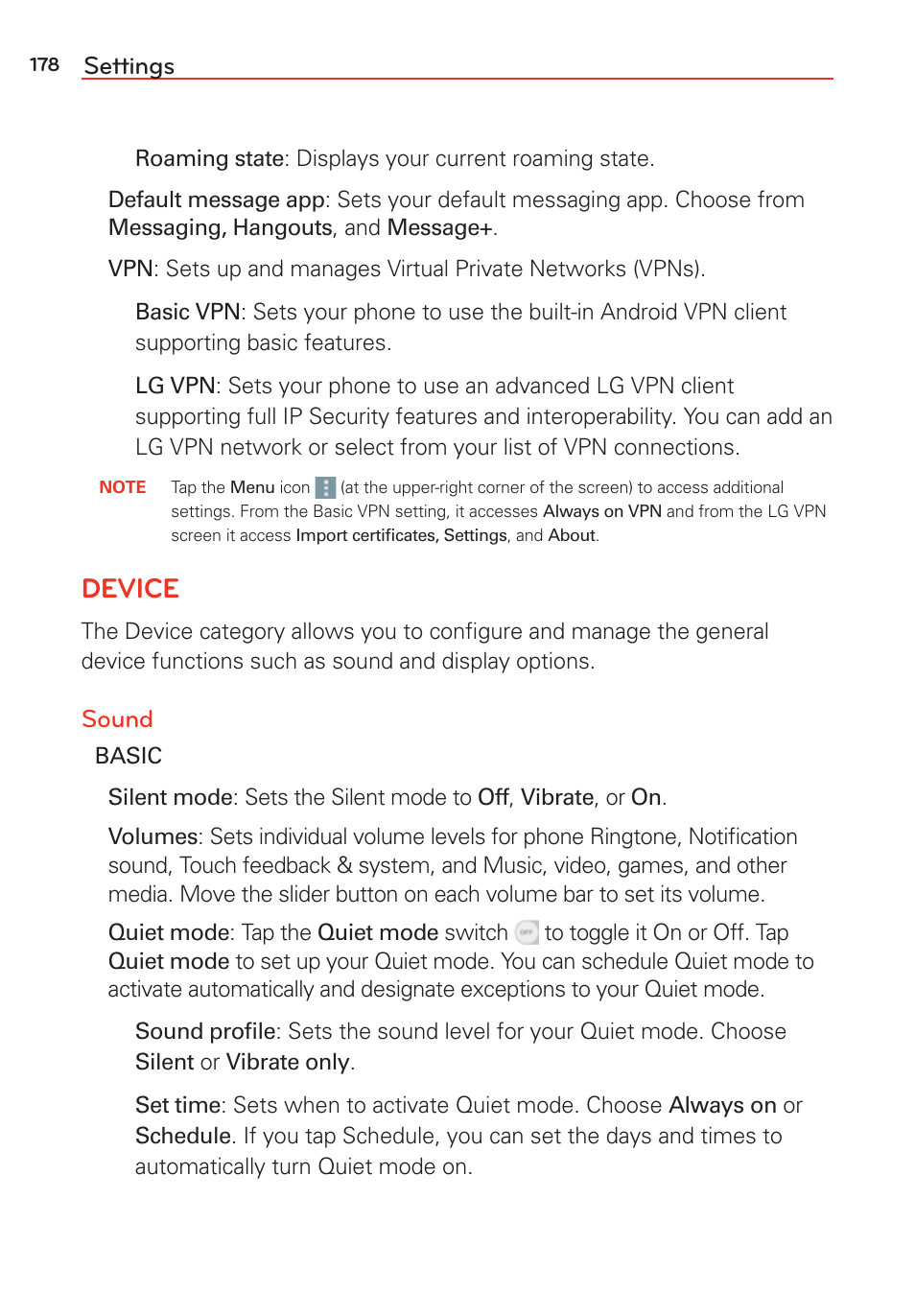 Device, Settings, Sound | LG G Vista User Manual | Page 180 / 243