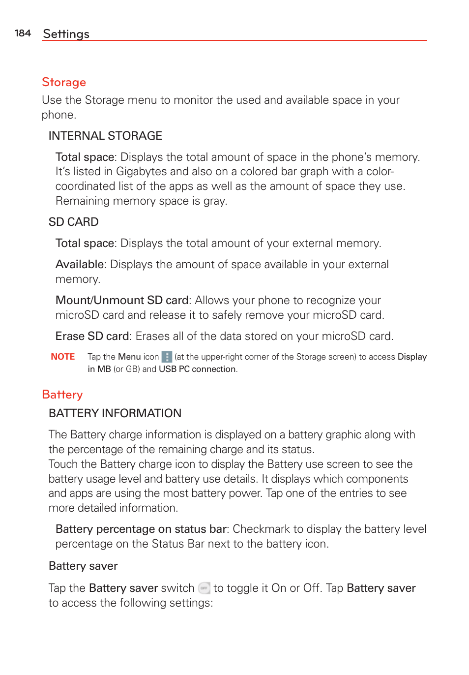 Settings storage, Battery | LG G Vista User Manual | Page 186 / 243